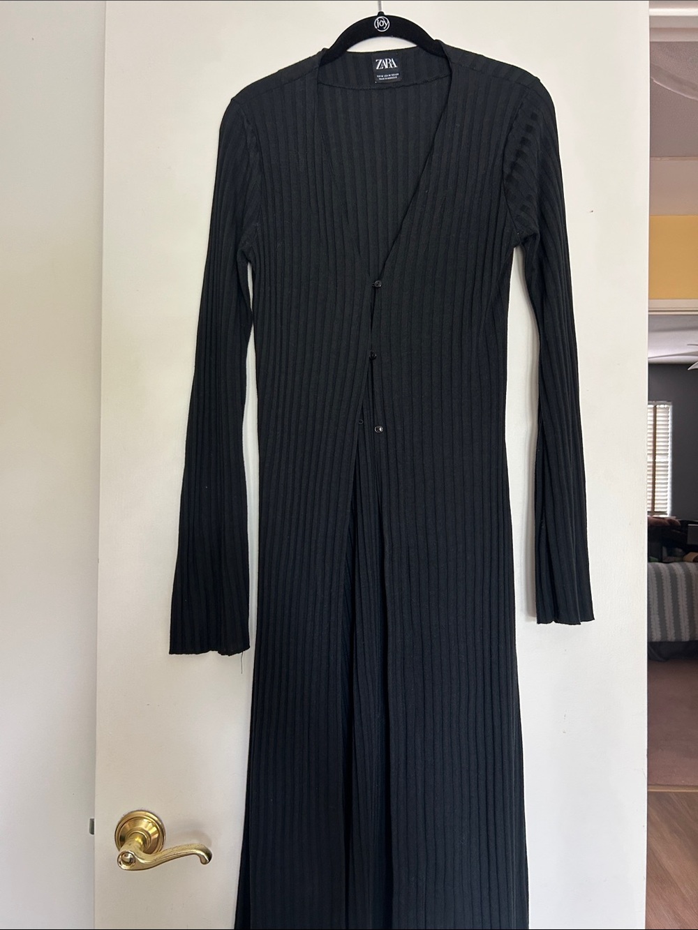 Zara Black Ribbed Button-Front Long Cardigan Dress